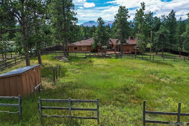 view of yard with a rural view and a mountain view