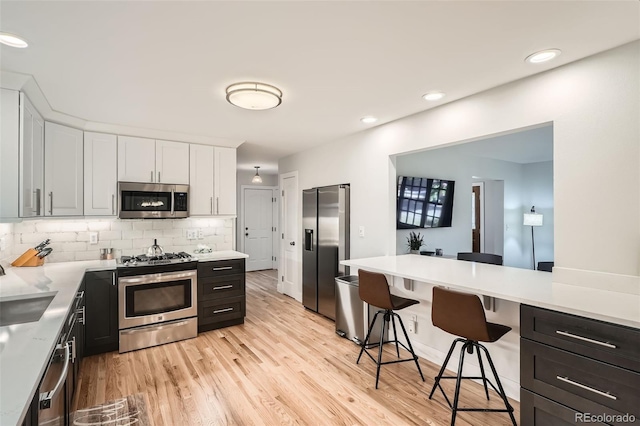 kitchen with backsplash, white cabinets, light wood-type flooring, and stainless steel appliances