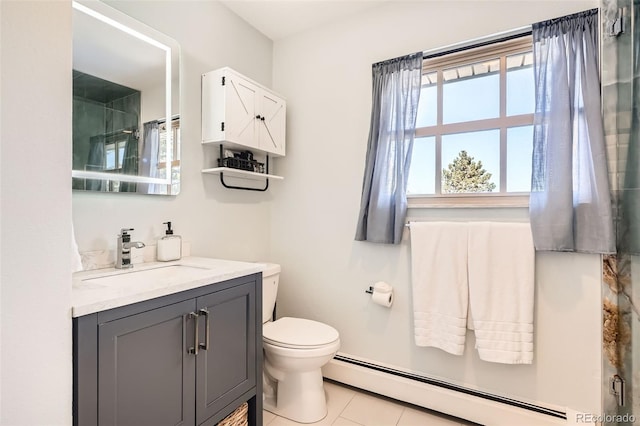 bathroom featuring toilet, walk in shower, a baseboard radiator, tile patterned floors, and vanity