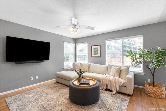 living area with wood finished floors, baseboards, and a wealth of natural light