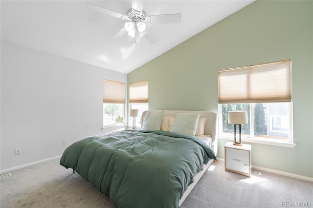 bedroom featuring carpet flooring, baseboards, and vaulted ceiling
