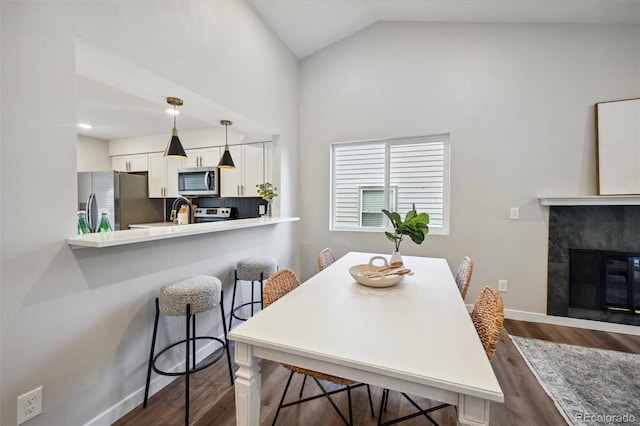 dining room with lofted ceiling, sink, dark wood-type flooring, and a tile fireplace