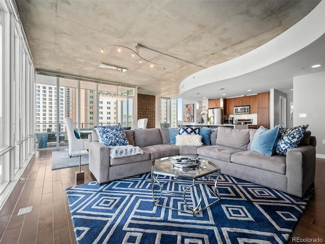 living room featuring wood finished floors and expansive windows