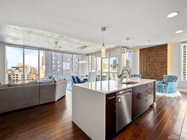 kitchen featuring dark wood-type flooring, open floor plan, stainless steel dishwasher, and a sink