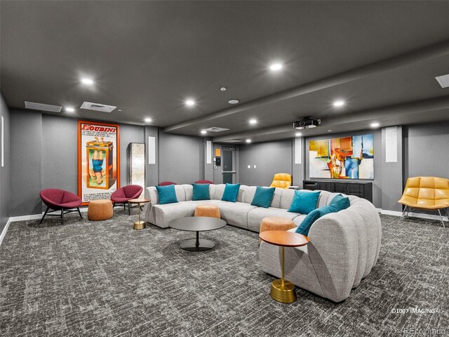 living area with recessed lighting, carpet flooring, and baseboards