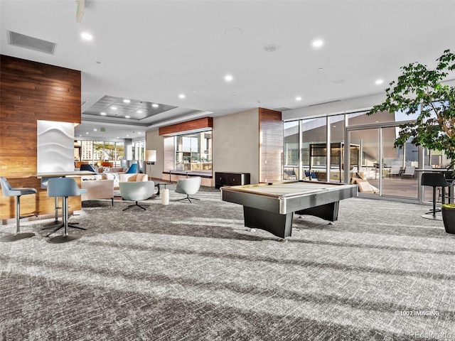 rec room featuring visible vents, recessed lighting, a raised ceiling, and pool table