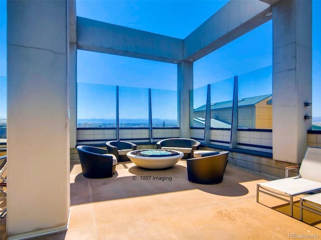interior space with a water view