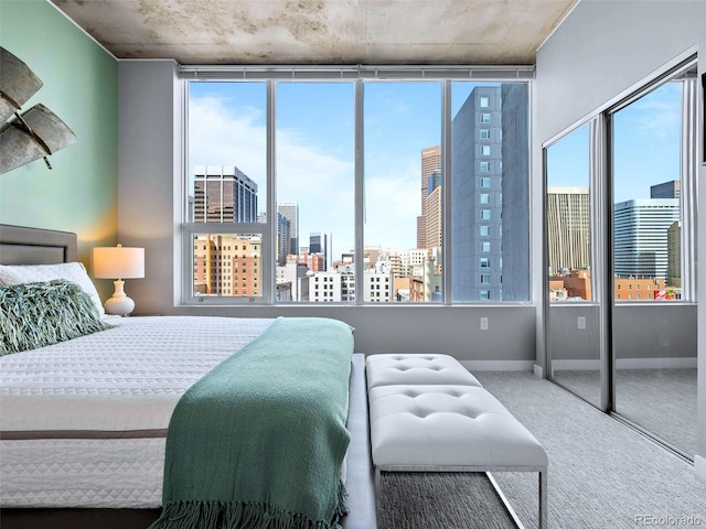 bedroom with a city view, carpet, multiple windows, and baseboards