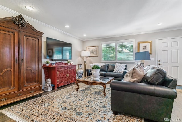 living room with recessed lighting, wood finished floors, and crown molding