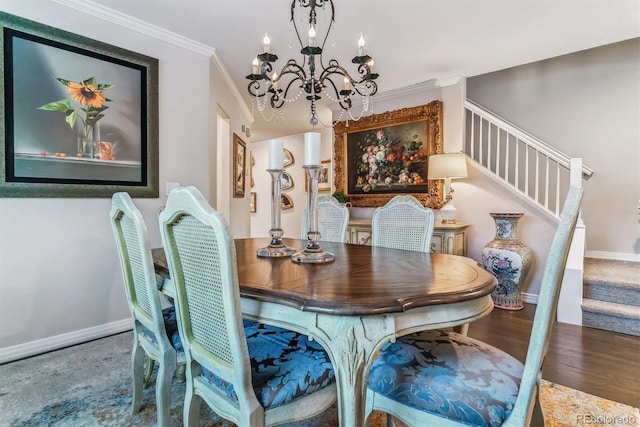 dining space with baseboards, stairway, wood finished floors, crown molding, and a chandelier