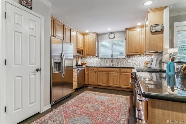 kitchen with stainless steel appliances, a sink, decorative backsplash, and dark wood-style floors