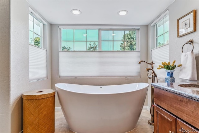 bathroom with a soaking tub and vanity