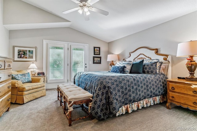 carpeted bedroom featuring vaulted ceiling, access to outside, and ceiling fan