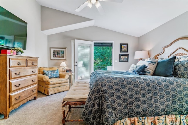 bedroom featuring access to exterior, light colored carpet, vaulted ceiling, and a ceiling fan