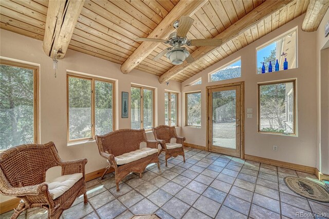 sunroom featuring wooden ceiling, baseboards, and lofted ceiling with beams