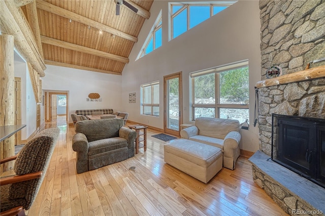 living room featuring hardwood / wood-style flooring, wooden ceiling, high vaulted ceiling, and a fireplace
