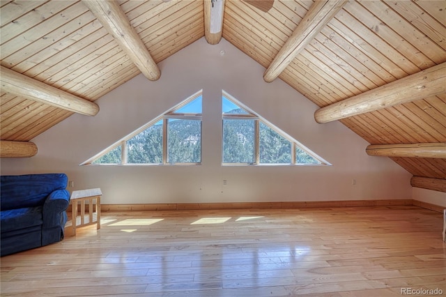 bonus room with wood-type flooring, baseboards, wooden ceiling, and lofted ceiling with beams