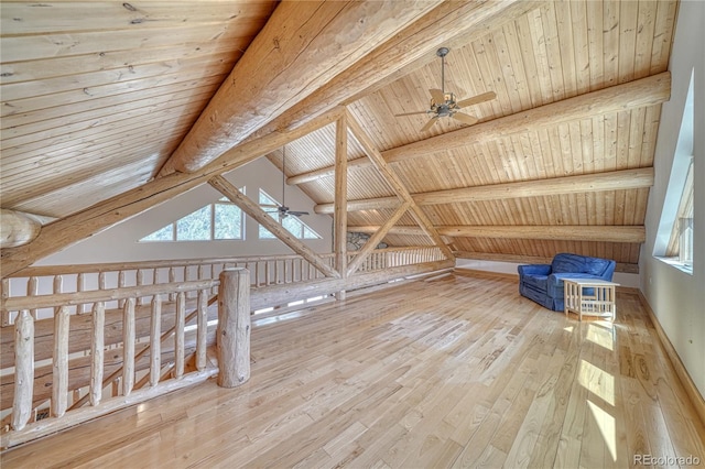 additional living space with lofted ceiling with beams, wooden ceiling, a ceiling fan, and wood-type flooring