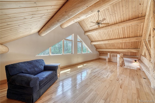 additional living space with hardwood / wood-style floors, wood ceiling, and lofted ceiling with beams