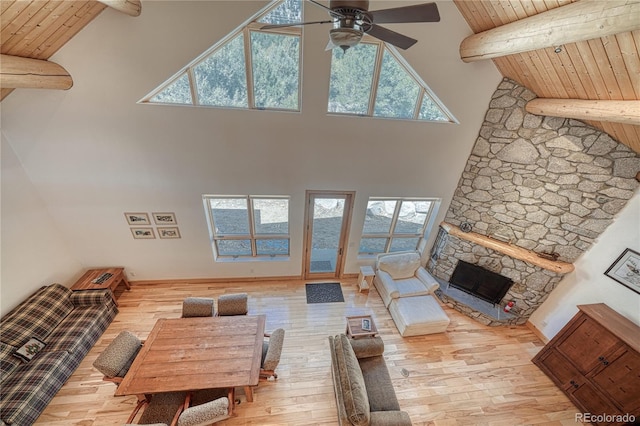 living room with beam ceiling, high vaulted ceiling, and wooden ceiling