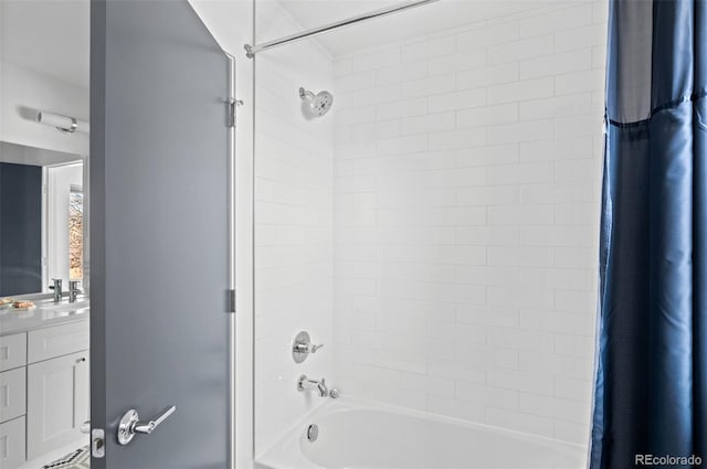 full bath featuring shower / bathtub combination with curtain and vanity