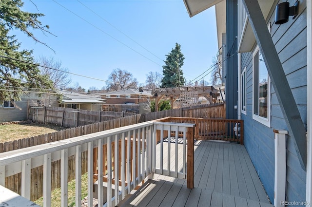 wooden terrace with a fenced backyard