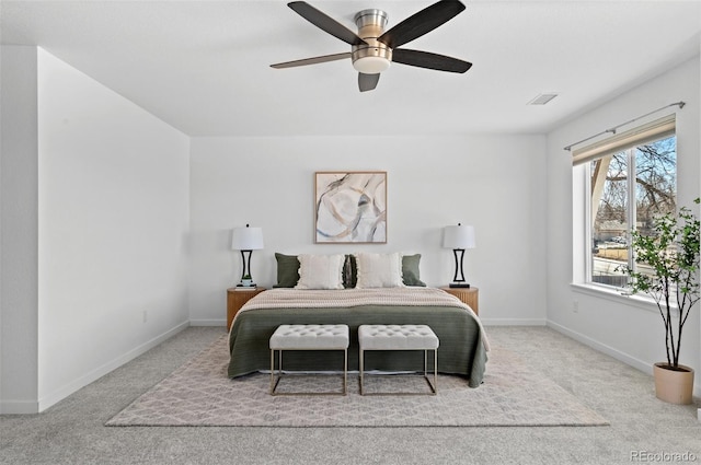 bedroom with a ceiling fan, visible vents, carpet, and baseboards