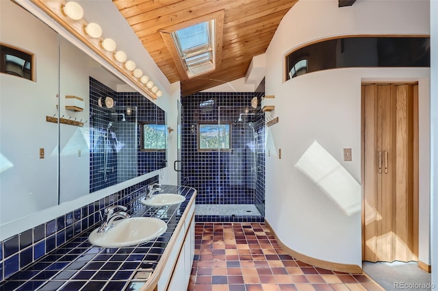 bathroom with walk in shower, vanity, lofted ceiling with skylight, and wooden ceiling