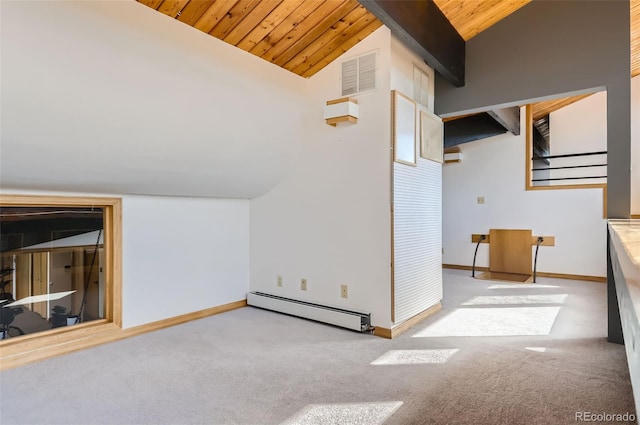 additional living space with light colored carpet, baseboard heating, vaulted ceiling, and wood ceiling