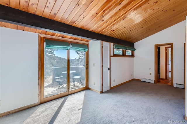 interior space with lofted ceiling with beams, light colored carpet, wood ceiling, and baseboard heating