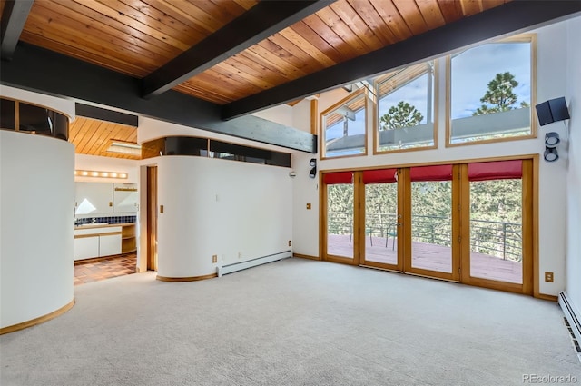 unfurnished living room with wooden ceiling, beamed ceiling, baseboard heating, and light carpet