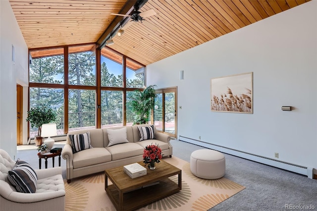 carpeted living room with high vaulted ceiling, beamed ceiling, a baseboard radiator, and wood ceiling