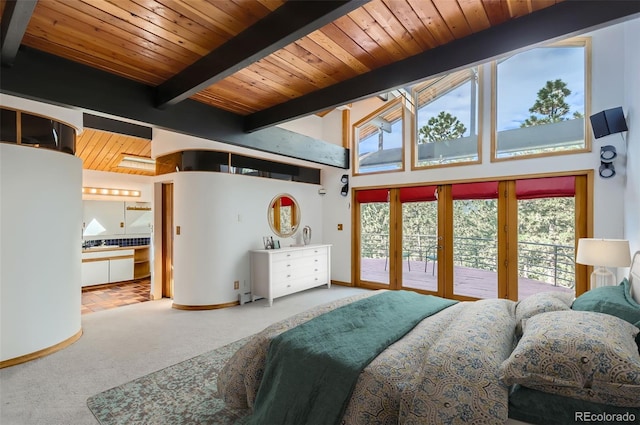 carpeted bedroom with a high ceiling, beam ceiling, wood ceiling, access to outside, and french doors