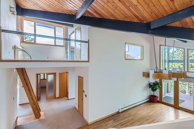 interior space featuring vaulted ceiling with beams, a baseboard radiator, and wooden ceiling