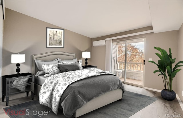 bedroom with lofted ceiling, access to outside, and an AC wall unit