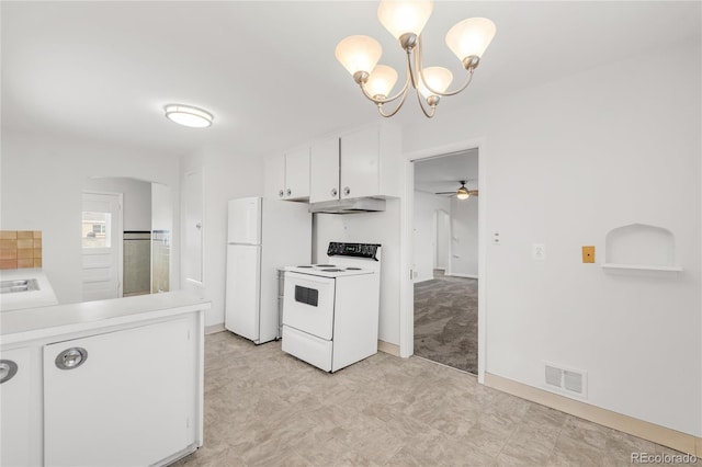 kitchen featuring hanging light fixtures, ceiling fan with notable chandelier, white cabinets, and white appliances