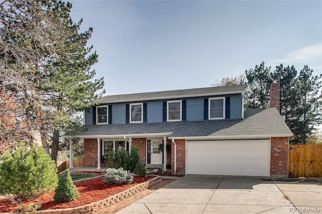 9926 W Nova Pl, Littleton, CO 80127 - traditional-style home with fence, a chimney, an attached garage, concrete driveway, and brick siding