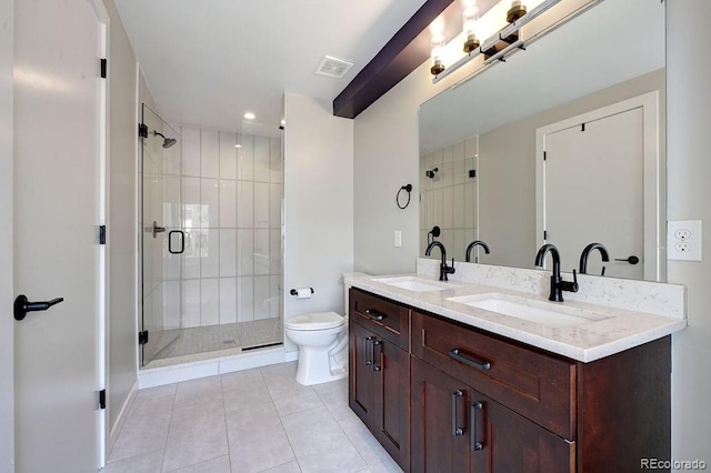 bathroom with toilet, an enclosed shower, vanity, and tile patterned flooring