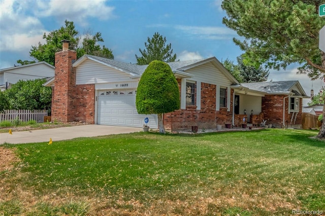 16699 E 7th Ave, Aurora, CO 80011 - ranch-style house featuring an attached garage, brick siding, driveway, and a chimney