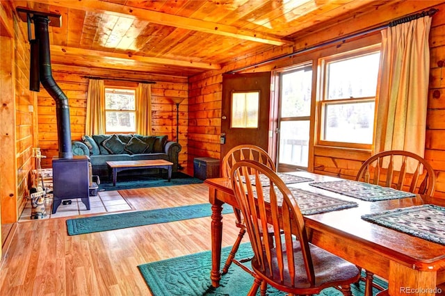 446 Chief Trl, Como, CO 80456 - dining space with wooden ceiling with exposed beams, wood finished floors, wood walls, and a wood stove