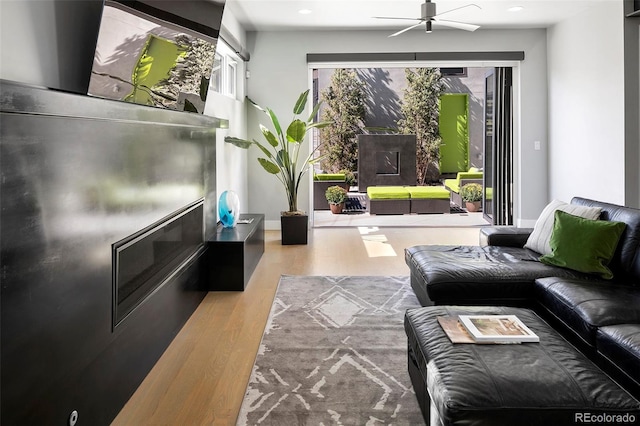 3453 Navajo St, Denver, CO 80211 - living room featuring wood finished floors, ceiling fan, and recessed lighting