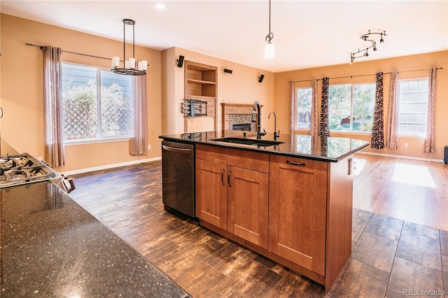 10154 Fairgate Way, Highlands Ranch, CO 80126 - kitchen featuring dishwasher, dark wood-style floors, brown cabinetry, and pendant lighting