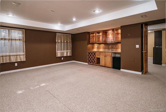 10154 Fairgate Way, Highlands Ranch, CO 80126 - indoor wet bar featuring light carpet, recessed lighting, and a raised ceiling