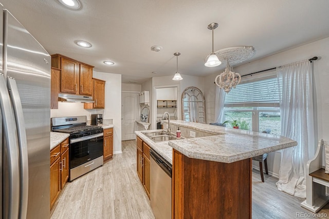 310 Chipeta Ave, Poncha Springs, CO 81242 - kitchen with stainless steel appliances, a sink, light wood-type flooring, under cabinet range hood, and brown cabinets