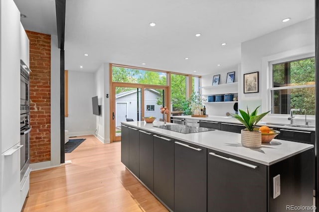 kitchen with dark cabinetry, plenty of natural light, light wood-style floors, a kitchen island, and recessed lighting