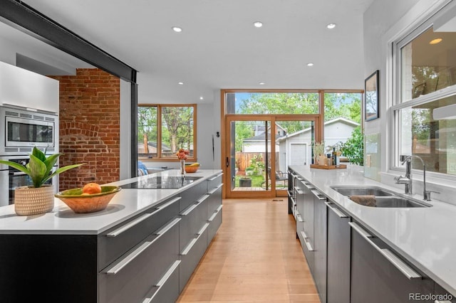 kitchen featuring modern cabinets, a sink, stainless steel appliances, light countertops, and light wood-type flooring