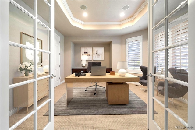 carpeted office with recessed lighting, baseboards, french doors, and a raised ceiling