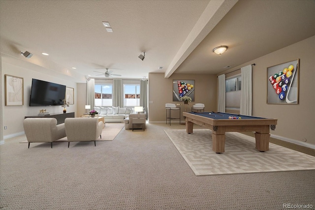 playroom featuring baseboards, a ceiling fan, and carpet flooring