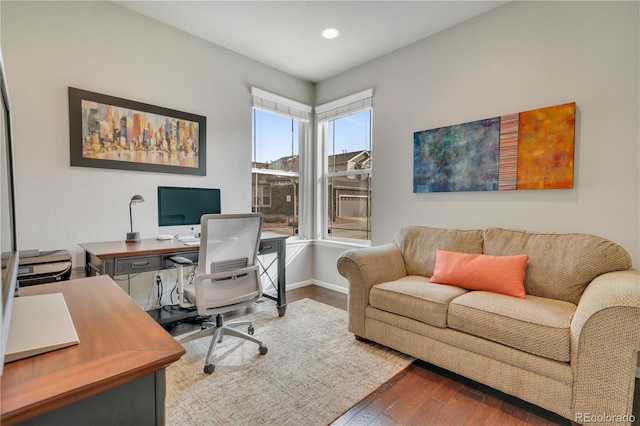 office featuring baseboards, dark wood-type flooring, and recessed lighting