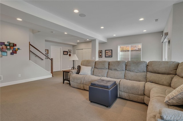 living room with recessed lighting, visible vents, stairway, light carpet, and baseboards